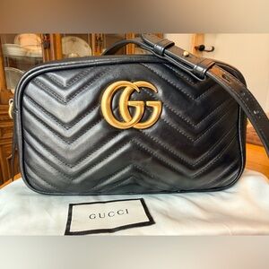 Gucci Black Chevron GG Marmont Camera Bag - Black/Gold